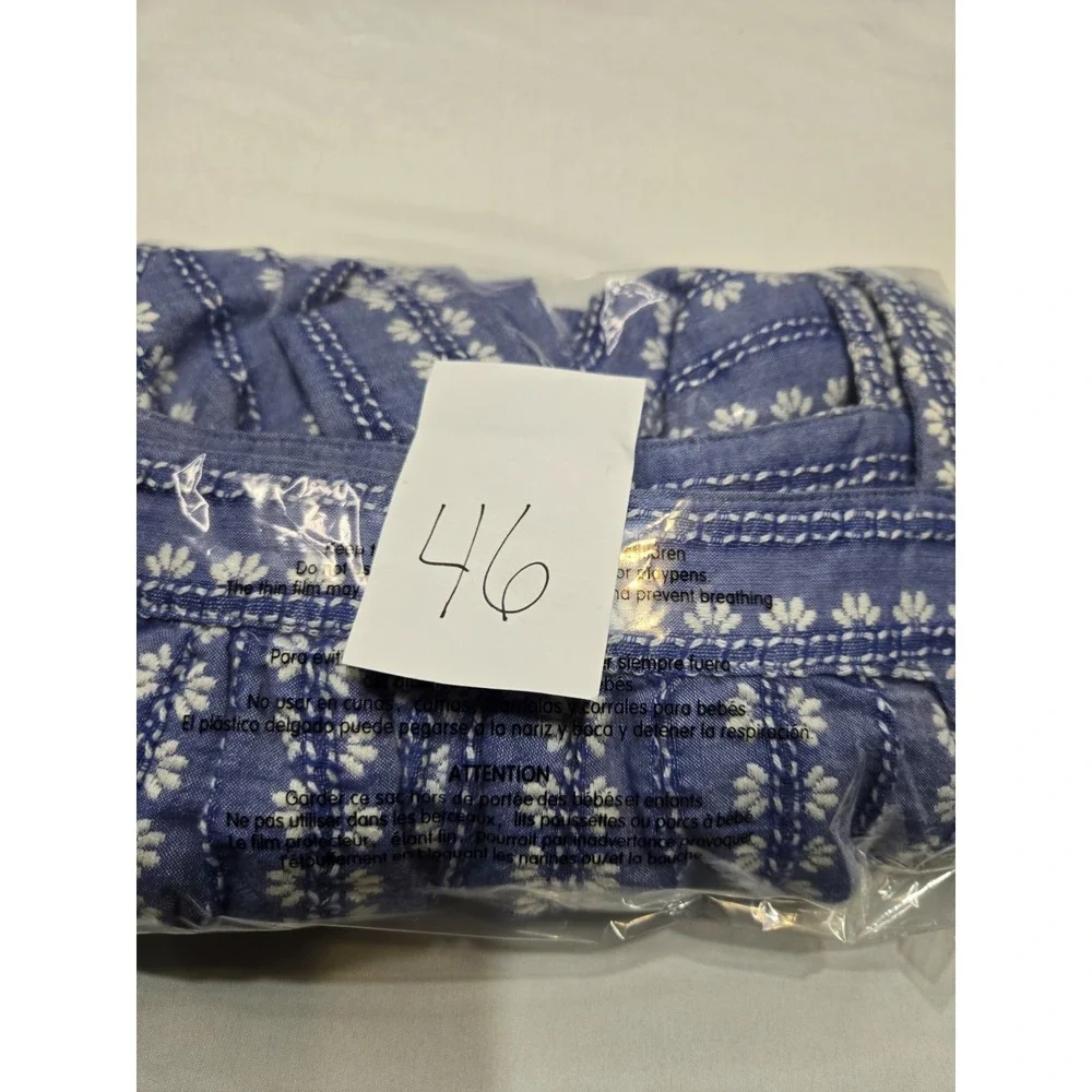Loft Womens Jacquard Puff Sleeve Square Neck Embroidered Top XS Blue 100% Cotton